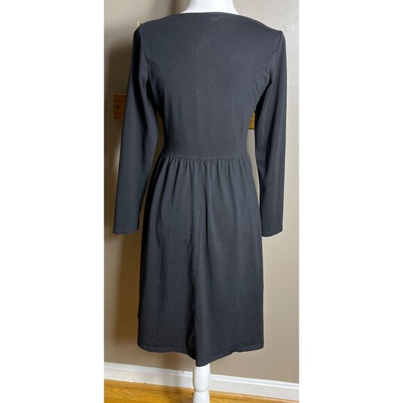 Black Jersey Knit Dress Fit Flare Midi Comfy Casual Cotton Pockets Basic Women S - Picture 2 of 9